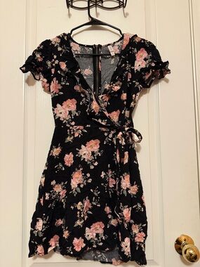 Xhilaration Black Mini Dress with Pink Floral Print